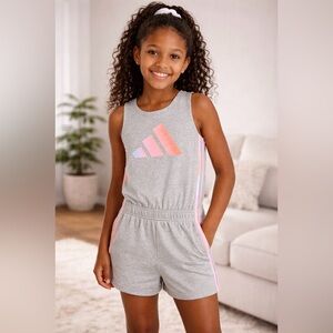 Adidas Girls Romper โ Medium (10/12) โ Heather Gray w/ Pastel Logo โ NWT